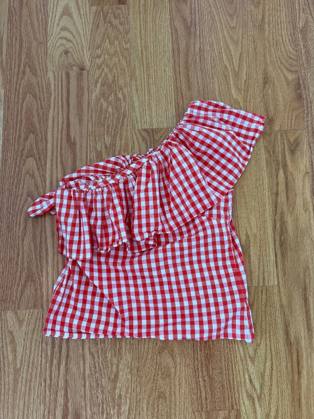 J Crew red gingham one shoulder top